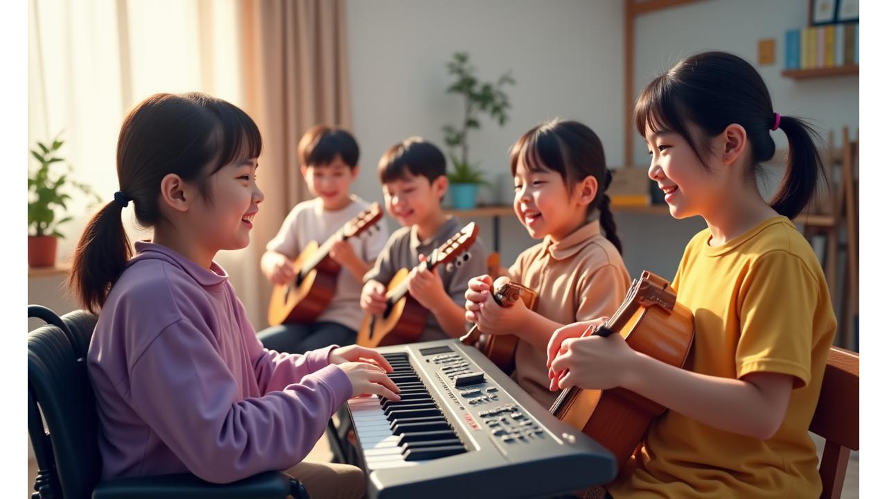 다양한 학생들이 악기를 연주하고 노래하는 즐거운 모습