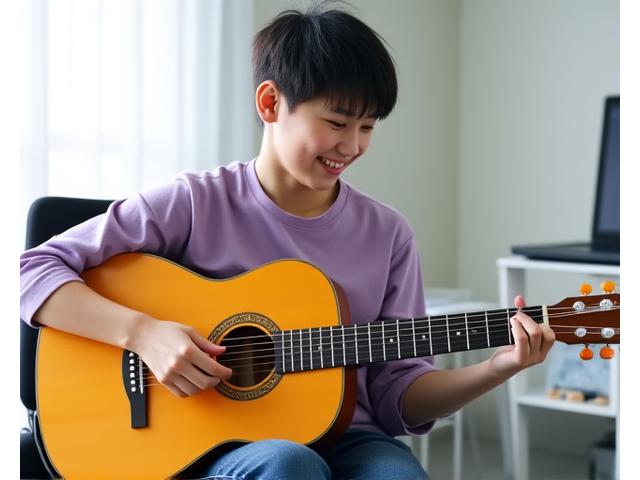 보조 장치가 부착된 기타를 연주하는 학생
