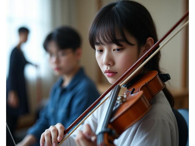 클래식 악기를 연주하며 진지하게 연습하는 학생
