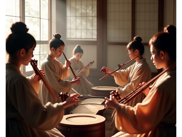 가야금, 해금, 장구를 연주하는 여러 명의 음악가들로 구성된 한국 전통 음악 앙상블의 모습