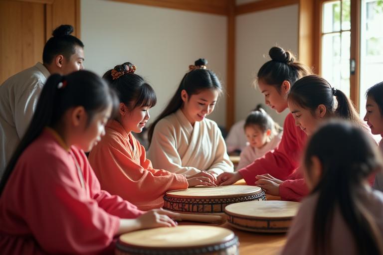 외국인 학생들이 한복을 입고 한국 악기를 배우는 모습