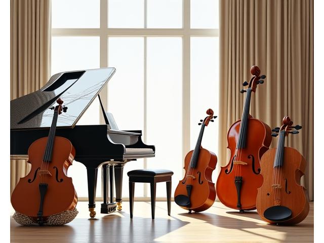 Diverse musical instruments including a grand piano, classical guitar, violin, and Korean traditional gayageum, arranged artistically in a modern studio with natural light.