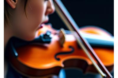 A close-up of a student playing a violin, bow across the strings.