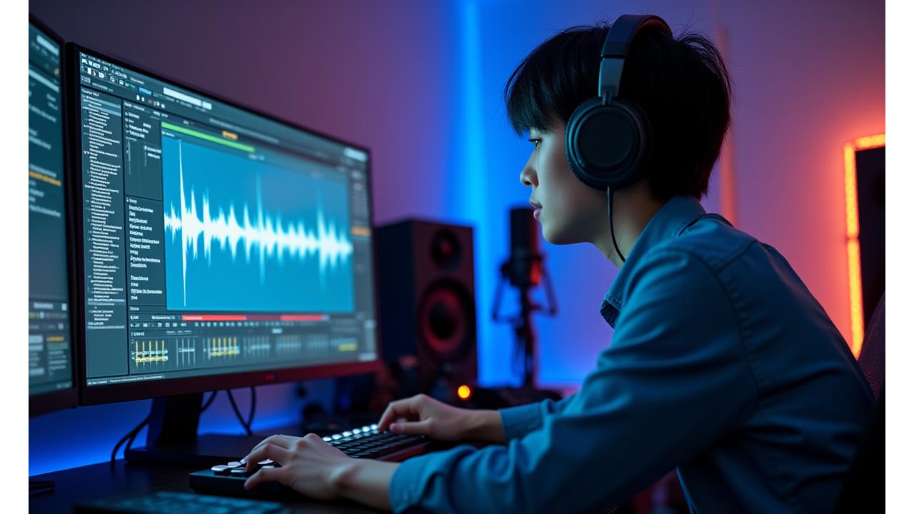Modern music studio with a student actively producing music on a computer, surrounded by sleek audio equipment, glowing screens showing waveforms.