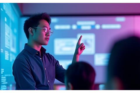 Portrait of an energetic music technology educator demonstrating software on a large screen to engaged students.