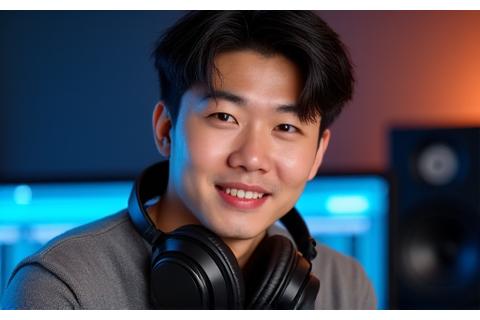 Portrait of a professional music producer with stylish headphones, working in a high-tech studio environment, conveying expertise and passion.