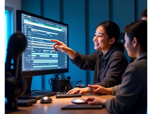 A student proudly presenting their music production portfolio on a screen, with fellow students and an instructor reviewing and providing feedback in a collaborative studio environment.