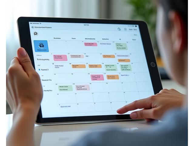 A digital calendar spanning multiple time zones, with various lesson blocks highlighted and a clock icon, symbolizing flexible scheduling.
