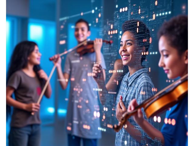 A diverse group of students from different regions of the world collaborating on a virtual music project, smiling and interacting on their screens.