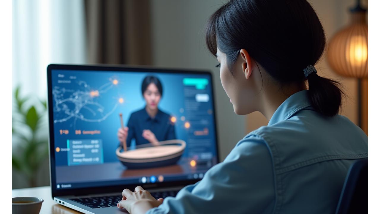 Student viewing a multi-camera online course on a laptop, with a global map overlay and musical notes, showcasing HD video quality and accessibility.