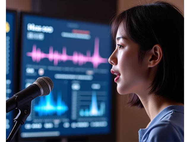 Vocal student singing into a microphone, with a screen displaying real-time pitch analysis graphs and vocal exercise prompts.