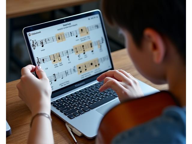 Student playing a guitar looking at a tablet displaying interactive sheet music and a teacher's split-screen video demonstration.