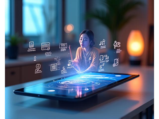 A sleek, futuristic tablet displaying a multi-angle music lesson interface, with floating holographic elements representing cloud storage and mobile integration.