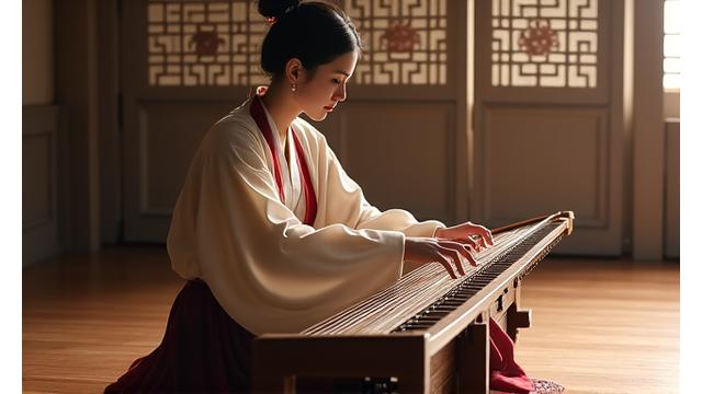 명인이 전통 가야금을 연주하는 모습 (Master playing traditional gayageum)