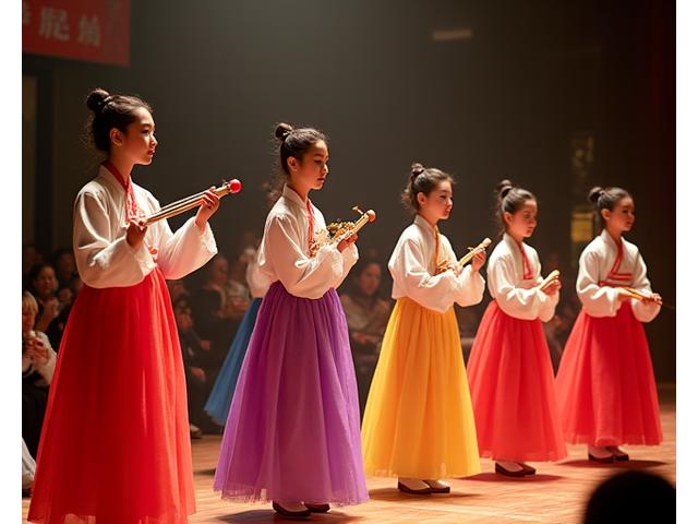 전통 복장을 한 학생들이 국악 무대에서 공연하는 모습 (Students in traditional costumes performing on a gugak stage)